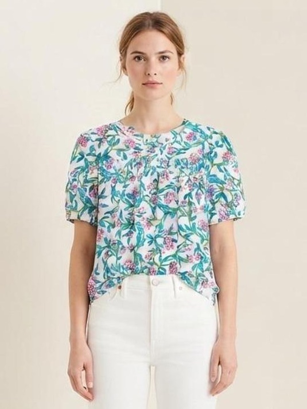 J. Crew 100% Cotton Puff Sleeve Bright Blue and Pink Floral Blouse
